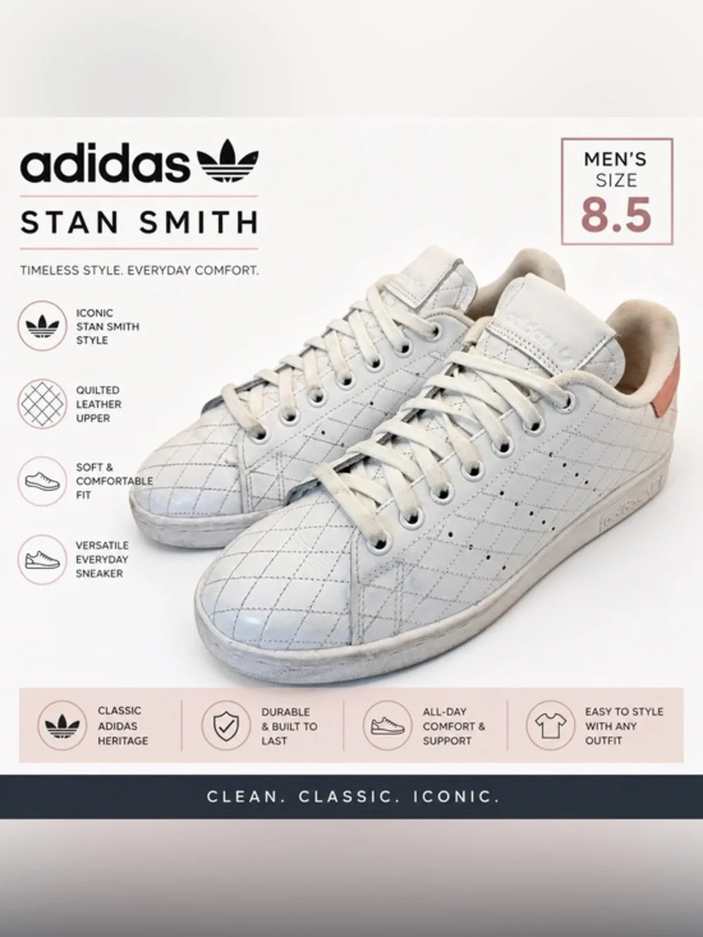 Adidas Stan Smith Quilted Leather Sneakers | White/Pink | Men’s Size 8.5